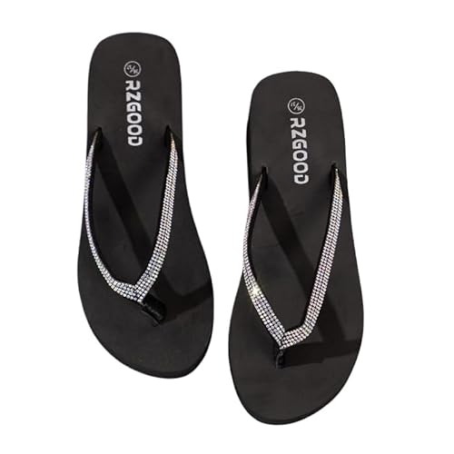 JXpxbao Sommer Sandalen Keilabsatz Flip Flops Damen Elegant Zehentrenner Damen Glitzer Strasssteine Sandaletten Weiche Fußbett Pool Meer Strand Outdoor (Schwarz,36) von JXpxbao