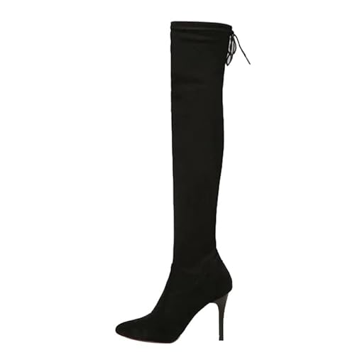 JXpxbao Spitze Schleife Schnürung Kunstfell Keilabsatz Winter Gefütterte Overknee-Stiefel Für Damen (Schwarz,37) von JXpxbao