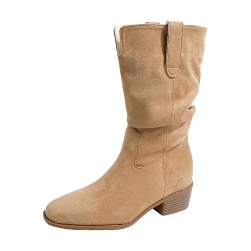 JXpxbao Stiefeletten Damen Elegant Wildleder Halbstiefel Spitz Schlupfschuhe Stiefel Kurzstiefel Winterstiefel Halbhohe Bequemer Absatz Ankle Boots Halbhoch Westernstiefel Damenstiefel (Khaki,34) von JXpxbao