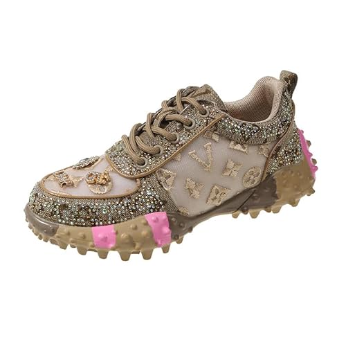 JXpxbao Strass-Sneaker Für Damen Funkelnde Glitzer-Bling-Tennisschuhe Walking Sneakers (Khaki,35) von JXpxbao