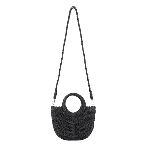 JXpxbao Stroh Strandtasche Für Frauen, Sommer Handgewebte Tote Bags Geldbörse Mit Quaste, Top Griff Stroh Handtasche Clutch Leicht Gewebte Raffia Crossbody Tasche (Schwarz) von JXpxbao