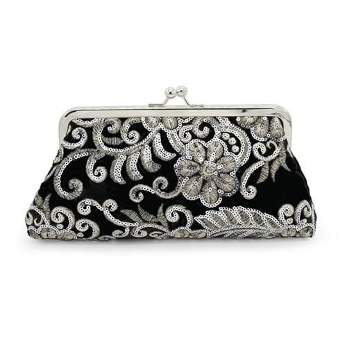 JXpxbao Vintage Floral Perlen Strass Stickerei Clutch Pailletten Hochzeit Abschlussball Tasche Braut Damen Crossbody Abend Handtasche Samt Tasche Klein (Schwarz) von JXpxbao