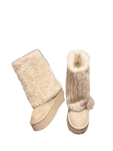 JXpxbao Winterstiefel Damen Schneestiefel Warm Fell Gefüttert Winterschuhe Stiefeletten Kurzstiefel Bequem Rutschfest 35-39EU (Cremefarben,35) von JXpxbao