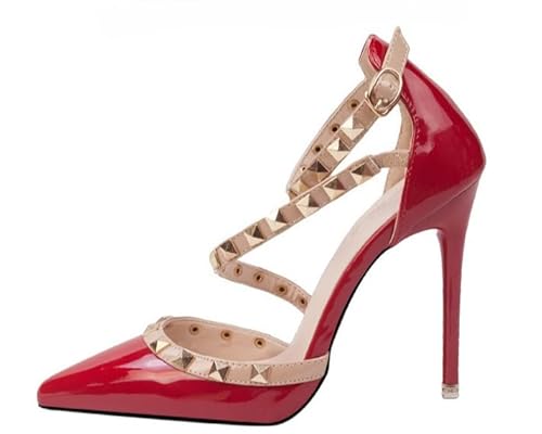 JXpxbao Women's Slope Heel Sandalen Damen Pointed Toe Kleid Partei Gericht Schuhe Kitten Heel Hochzeit Schuhe Perfekt Für Büro Hochzeit Und Party Mit Strasssteinen (Rot (10cm),39) von JXpxbao