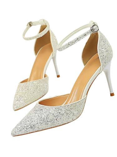 JXpxbao Women's Slope Heel Sandalen Damen Pointed Toe Kleid Partei Gericht Schuhe Kitten Heel Hochzeit Schuhe perfekt für Büro, Hochzeit und Party mit Strasssteinen (40,Weiß 7,5CM) von JXpxbao