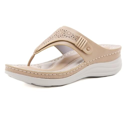 JXpxbao Zehentrenner Damen Sandalen, Pantoletten Orthopädische Damen Keilabsatz Hausschuhe Slipper Beach Pantoletten Sommer Flip-Flops Rutschfeste Strandsandalen Zehentranner (Aprikose,40) von JXpxbao