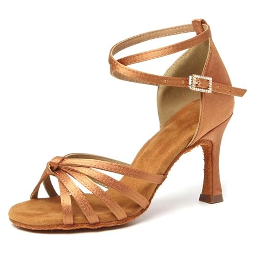 Latein Tanzschuhe Für Damen Professionelle Tanzschuhe Ballsaal Party Salsa Tanzübung Performance Schuhe Modisches Design Und Knöchelriemen 34-42EU (Braun-B-8.5CM,37) von JXpxbao