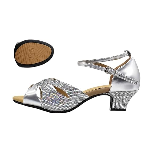 Latein Tanzschuhe Für Damen Professionelle Tanzschuhe Ballsaal Party Salsa Tanzübung Performance Schuhe Modisches Design Und Knöchelriemen Glitzer Sandalen 33-42EU (Silber-A-3.5CM,40) von JXpxbao