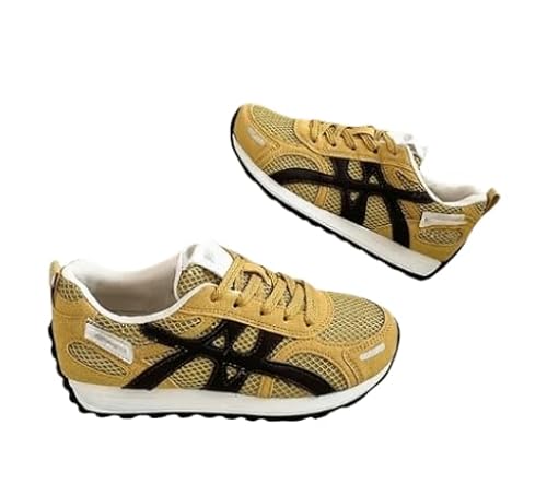 Leichte Trainer mit Dicker Sohle für Frauen, die lässige, atmungsaktive Laufschuhe tragen, Retro-Sneakers mit rutschfesten, stoßdämpfenden Schuhen für draußen (Gelb,36) von JXpxbao