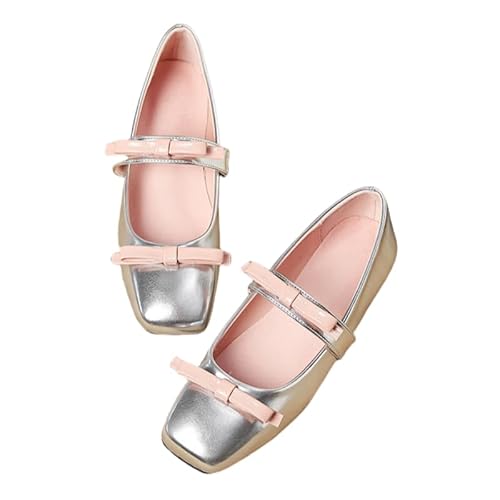 Neu Mary Jane Schuhe Damen Ballerinas Flache Schuhe Elegante Schnürballerinas Mit Schleife Halbschuhe Flach Freizeit Tanzschuhe Für Damen Übergröße 35-43EU (Silber,40) von JXpxbao