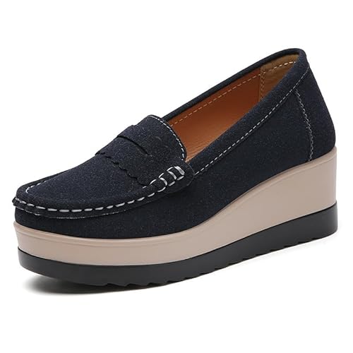 Orthopädische Damen-Slipper Freizeitschuhe Damen Lederschuhe Elegant Bootsschuhe Seicht Mund Leicht Arbeitsschuhe Keilabsatz Mit Dicker Sohle Atmungsaktive Mokassin Schuhe EU 35-42 (Dunkelblau,39) von JXpxbao