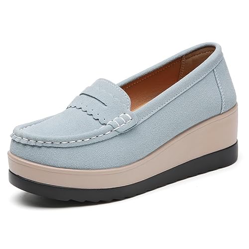Orthopädische Damen-Slipper Freizeitschuhe Damen Lederschuhe Elegant Bootsschuhe Seicht Mund Leicht Arbeitsschuhe Keilabsatz Mit Dicker Sohle Atmungsaktive Mokassin Schuhe EU 35-42 (Hellblau,37) von JXpxbao