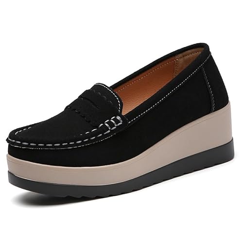 Orthopädische Damen-Slipper Freizeitschuhe Damen Lederschuhe Elegant Bootsschuhe Seicht Mund Leicht Arbeitsschuhe Keilabsatz Mit Dicker Sohle Atmungsaktive Mokassin Schuhe EU 35-42 (Schwarz,40) von JXpxbao