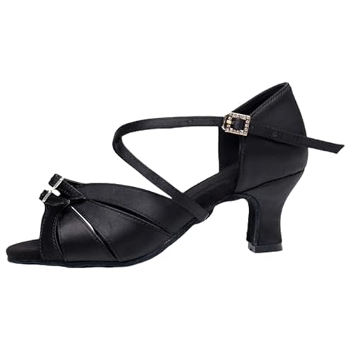 Professionelle Lateinamerikanische Tanzschuhe, Atmungsaktives Stoffobermaterial Mit High-Heel-Offene Zehenballroom-Tanzschuhe Für Alle Jahreszeiten, Elegante Schuhe (Schwarzer Satin 5cm,41) von JXpxbao