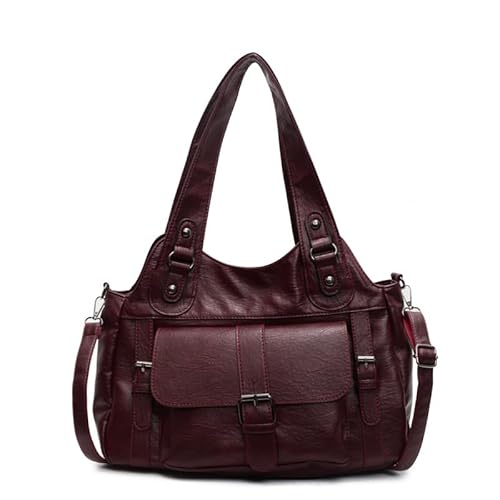Retro Tote Bag PU Handtasche Damen Groß Shopper Tasche Schultertasche Uni Hobo Tasche Gross Schultertasche Slouchy Bag Beuteltasche Damen-Shopper – Ideal Für Den Alltag Oder Die Arbeit (Dunkelrot) von JXpxbao