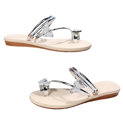 Sandalen Damen Elegant Sandaletten Mit Pailletten Schmetterling Slide Sandals Sommer Peep Toe Sandalen Freizeit Strandschuhe (Silber-A,38) von JXpxbao
