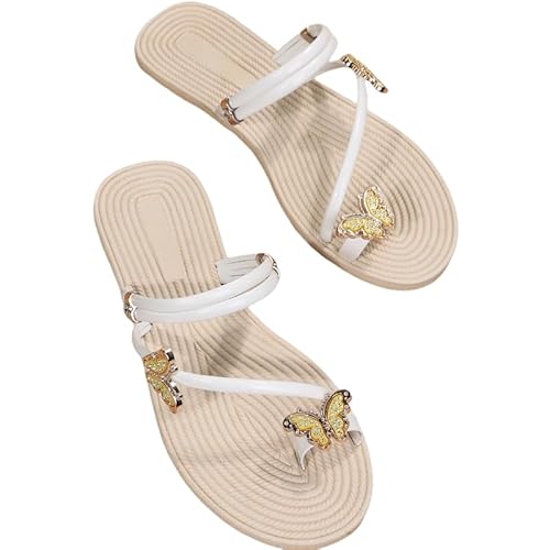 Sandalen Damen Elegant Sandaletten Mit Pailletten Schmetterling Slide Sandals Sommer Peep Toe Sandalen Freizeit Strandschuhe (Weiß,39) von JXpxbao