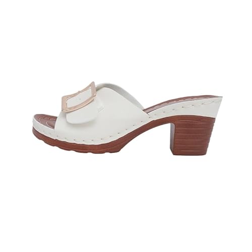 Sandalen Damen Mit Absatz Elegant Schlappen Pumps Sommerschuhe Bequeme Orthopädische Sandalen Freizeit Peep Toe High Heels Hausschuhe Mit Blockabsatz EU36-43 (Weiß,43) von JXpxbao