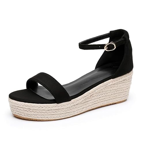 Sandalen Damen Plateau Sandalen Keilsandalen Espadrilles Keilabsatz Sandaletten Wedges Damen Mode Peep Toe Sommerschuhe 6CM Abendschuhe EU 34-40 (Schwarz,35) von JXpxbao