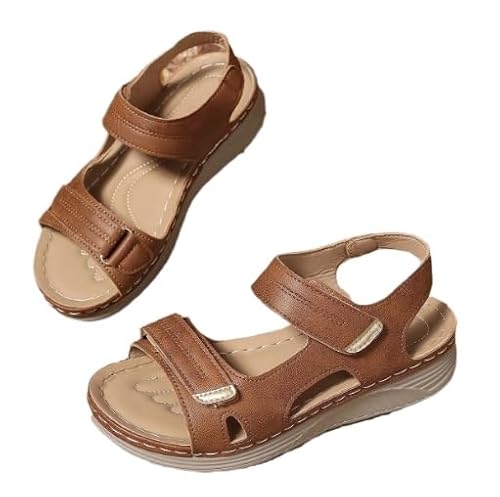 Sandalen Damen Sommer Bequeme Orthopädische Schuhe Damen Dicke rutschfeste Sohle Elegant Trekking Casual Mit Verstellbarem Klettverschluss Niedriger Absatz Offene Zehe Mode (Braun,43) von JXpxbao