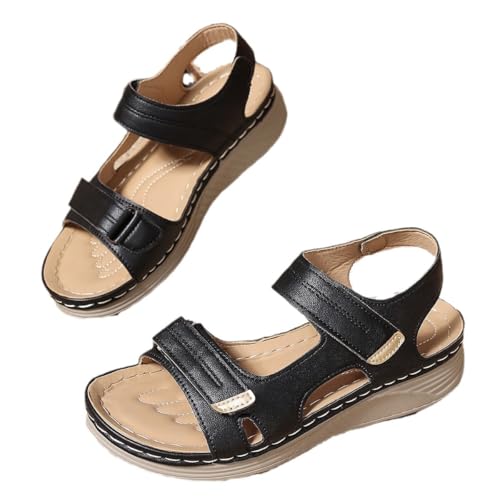 Sandalen Damen Sommer Bequeme Orthopädische Schuhe Damen Dicke rutschfeste Sohle Elegant Trekking Casual Mit Verstellbarem Klettverschluss Niedriger Absatz Offene Zehe Mode (Schwarz,38) von JXpxbao