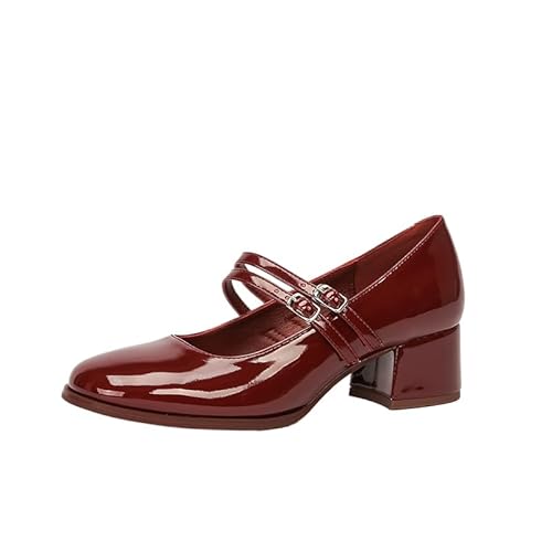Schuhe Damen Pumps Chunky Runde Mode Frauen High Heels Zehen Arbeit Absätze Hochzeit Schuhe Damen Elegant Mit Absatz (Burgunderrot,35) von JXpxbao