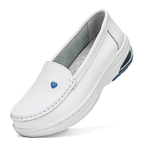 Sicherheitsschuhe für Frauen -Elevate Shoes-Leichter und bequemer Arbeitsschuh, ideal für Krankenschwestern, Küche oder Innenbereich, rutschfest und stoßabsorbierend (Weiße und Blaue Schuhe,35) von JXpxbao