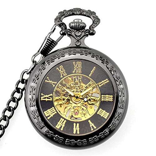 JYCCH Herren-Taschenuhr, Taschenuhr, Retro-Schädel-Herren-Steampunk-mechanische Halsketten-Taschenuhr (Farbe: Gold) (Schwarz) von JYCCH