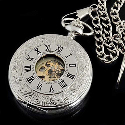 JYCCH Taschenuhr Silber Gehäuse Roma Zifferblatt Handaufzug Mechanische Uhr mit Kette 38cm Geschenk zum Geburtstag Weihnachten von JYCCH