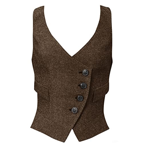 Damen Anzugweste Tweed formelle Arbeitskleidung Slim Fit Weste komplett gefüttert, braun, Medium-Large von JYDress