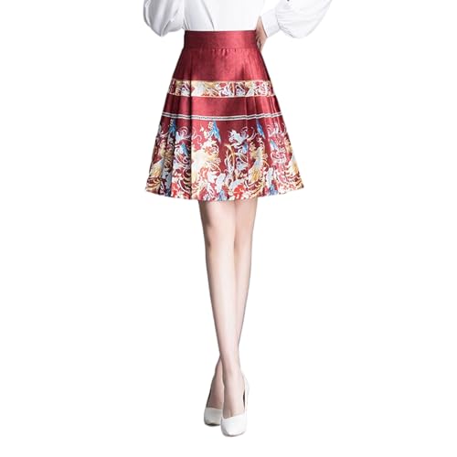 Bedruckter A-Linie Mini Rock Frühling Sommer Petite Chinesischer Stil Hohe Taille Hanfu Pferdekopf Rock red XS von JYHBHMZG
