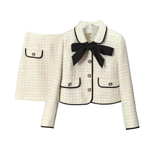 Damen-Tweed-weißer Anzug Jacke Mantel Oberteil und Rock Elegantes zweiteiliges Set passendes Outfit Winter-Jacquard-Kleidung Picture XS von JYHBHMZG