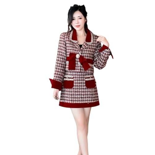 Herbst Winter Elegante Tweed Plaid Rock Set Frauen Perle Bogen Woolen Jacken Mini Röcke Anzug Koreanische Weibliche Outfits Picture Color XS von JYHBHMZG