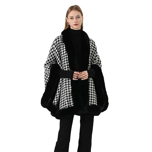 JYHBHMZG Herbst Winter Kunstpelz-Umhang-Cardigan Hahnentrittmuster Wollmantel-Schal Damen Lang Großer Umhang Warme Umhänge Black One Size von JYHBHMZG