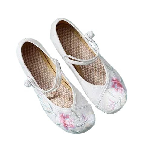 JYHBHMZG Blumen Bestickte Damen Bequeme Canvas Ballerinas RIST Schnallen Damen Lässige Flache Schuhe White 39 von JYHBHMZG