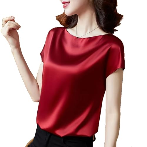 JYHBHMZG Damen Sommer Crop Top Vintage Einfaches Satin Hemd Bluse Kurzarm Bequem Casual Bluse Red M von JYHBHMZG