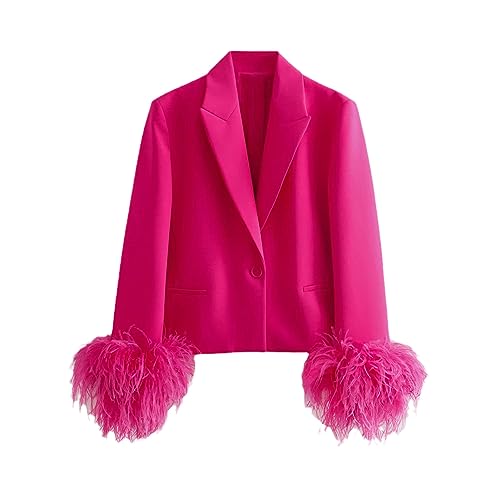 JYHBHMZG Eleganter schicker Damenmantel mit Federn im Patchwork-Stil langärmelig Jacken sommerliche EIN-Knopf-Dekoration für Damen Rose Red M von JYHBHMZG