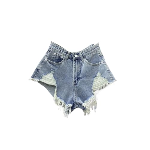 JYHBHMZG Fransen Saum Weite Bein Denim Shorts Damen Loch hohe Taille zerrissene Jeans weibliche Sommer Shorts Blue XS von JYHBHMZG