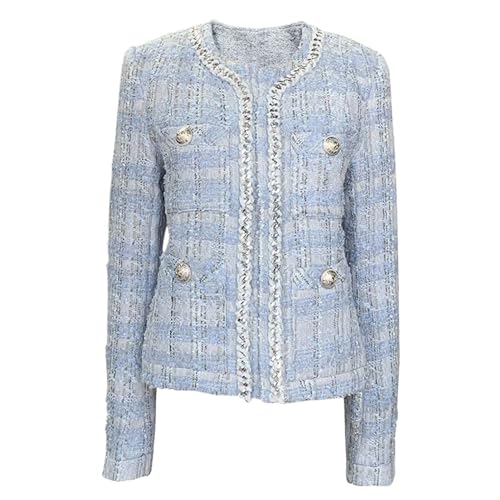JYHBHMZG Herbst Blazer Damen Kleiner Duft Gewebt Tweed Sanfte Kurz Gesteppt Karierte Jacke Damen Cardigan Oberteile Mantel Blue L von JYHBHMZG
