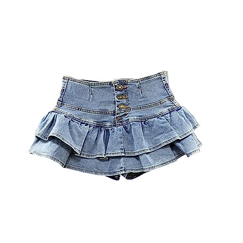 JYHBHMZG Hohe Taille Rüschenkuchen-Jeansrock für Damen,einreihiger Harajuku-Stil,Sommer Y2K-Plisseerock 3 S von JYHBHMZG
