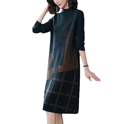 JYHBHMZG Retro-Patchwork-Strickkleid für Damen schmale Passform im Herbst Pullover mit eleganter Ausstrahlung Bodenlanges Unterkleid Dark EN8 L von JYHBHMZG