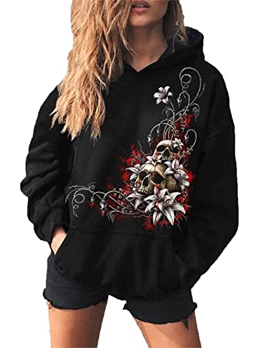 JYJFORYOU Damen Hoodie Rose und Totenkopf Grafik Kapuzensweatshirt 3D Skelettdruck Pullover Lässige Langarm Hoodies mit Tasche von JYJFORYOU