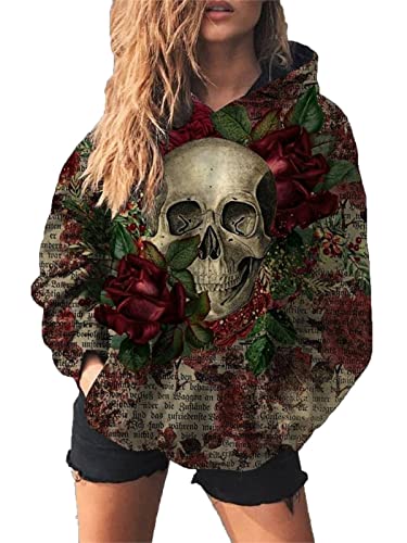 JYJFORYOU Damen Hoodie Rose und Totenkopf Grafik Kapuzensweatshirt 3D Skelettdruck Pullover Lässige Langarm Hoodies mit Tasche von JYJFORYOU