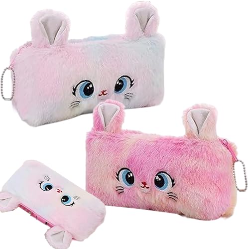 JYJLLM 2er-Pack Plüsch-Federmäppchen für Mädchen – niedliches Regenbogen- und rosa Katzenmuster, ultraweiche Quetsch-Bleistiftbeutel mit kuscheliger Textur, Schulbedarf-Geschenk-Set (Kindergarten bis von JYJLLM