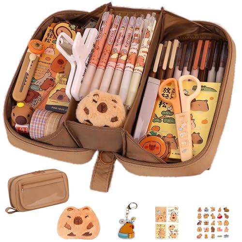 JYJLLM Bezaubernder Capybara-Schreibwaren-Organizer, großes Fassungsvermögen, Capybara-Federmäppchen, 5 Ebenen, transparente Federmäppchen, ästhetisch mit Haftnotizen, Aufklebern, Pins für Schulbedarf von JYJLLM