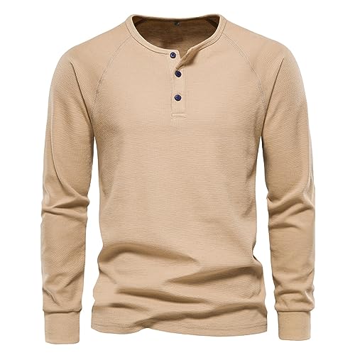 Herren Waffel Henley Beiläufig Langarm T-Shirt klassisch 3 Taste Knopfleiste Einfacher V-Ausschnitt Baumwolle Hemden von JYJXFD
