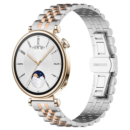 JYMYI Uhrenarmband Armbinde für Huawei Watch GT4 41mm Gurt, 18mm Edelstahl Ersatzband Uhrenarmbänder Watchband, Bracelet Armbänder für Huawei Watch GT4 41mm Armband Ersatzarmbänder (Silber Roségold 1) von JYMYI