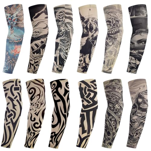 12 Stück Fake Tattoo Ärmel Set Gefälschte Sonnencreme Armlinge, Tattoo Sleeve Ärmel Tattoo Armstrumpf für Männer Frauen, Nylon Temporäre Tätowierung Tattoo Strumpf Arm für Karneval Fasching Party von JYNVO