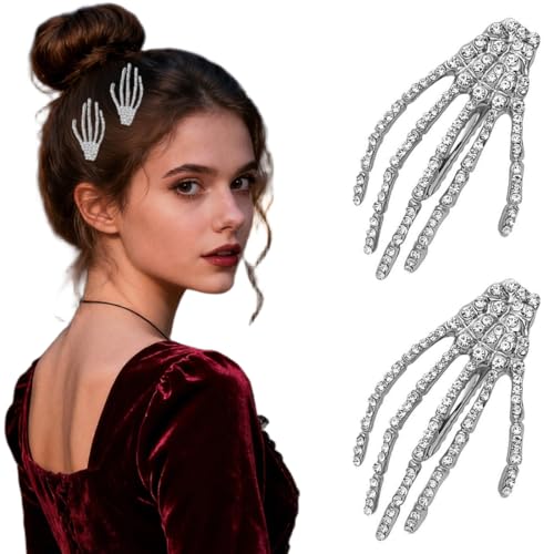 2 Stücke Diamantbesetzte Skeletthand Haarspangen Silber Entenschnabel Haarspange Gothic Hair Clips für Mädchen und Frauen, Halloween Accessoires von JYNVO