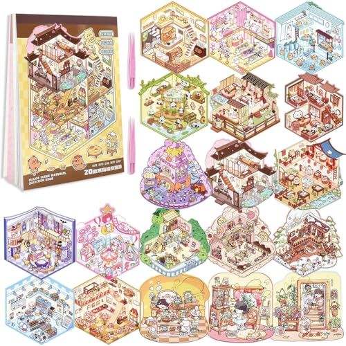 20 Sets 3D House Stickers, Miniatur Haus Sticker 3D mit Rosa Pinzette, DIY Cozy Little Home House Scene Sticker Book, Fun DIY Stickers Scene, Relief Stress für Erwachsene und Kinder von JYNVO